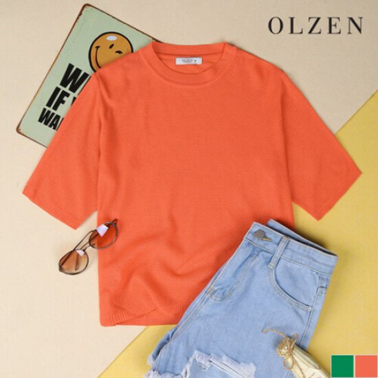 올젠 여성 베이직 라운드 반팔 니트 ZLC2ER2301_이미지