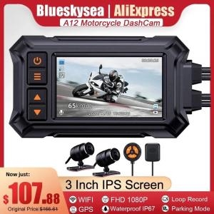 모터사이클  Blueskysea-A12 듀얼 1080P 풀 HD 블랙박스 3 인치 방수 IP67 카메라 와이파이 DVR 블랙박스 블랙 ..
