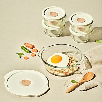 <b>글라스락</b> <b>렌지</b><b>쿡</b> 코지밀크 볶음밥덮밥용 + 햇밥용기 원형 4종 세트 + 실리콘캡