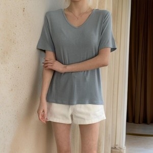 기타 패플 다잇템다잇템 여자 V넥 레이온 무지컬러 반소매 티셔츠_206226