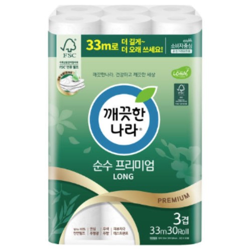 깨끗한나라 순수 프리미엄 롱 33m (30롤) (4팩)