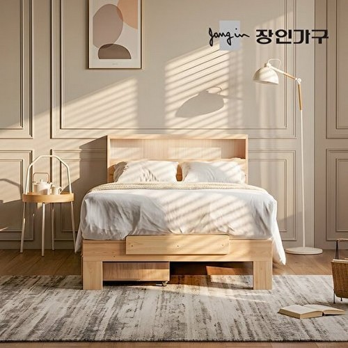 장인가구 온숨 편백나무 통원목 헤드형 서랍 H300 침대 S