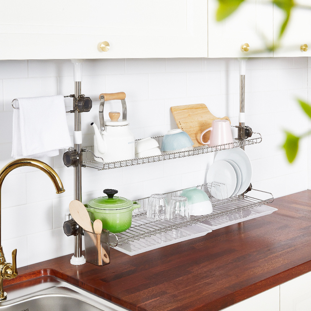 할메이드 압축봉 기둥식 식기건조대 800 2단 (2단 실버)_이미지