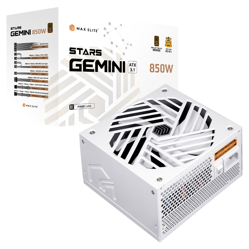 맥스엘리트 STARS GEMINI 850W 80PLUS브론즈 ATX3.1 화이트이미지입니다. 누르면 해당 게시물로 새창이동합니다.