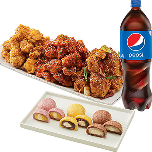 노랑통닭 ㅤ3종 (후라이드, 양념, 깐풍치킨) 세트 + 치즈볼 + 콜라 1.25L 교환권_이미지