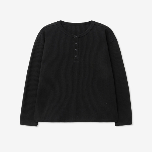 TNGT 골지 리브드 헨리 넥 티셔츠 상의 블랙 4302941_이미지