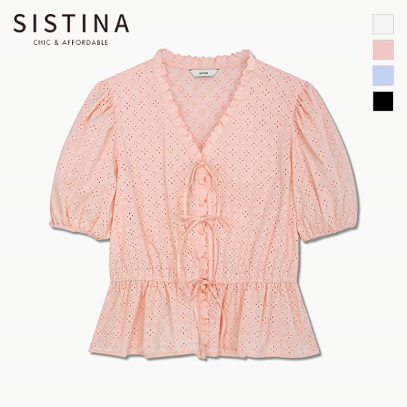 시스티나 여성 코튼 펀칭 리본 블라우스 AWWBLQ21060