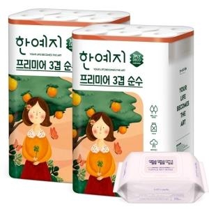 한예지 프리미어 3겹 순수 30m (30롤)*2팩 + 키스해링 퍼플물티슈 캡형 100매 세트_이미지