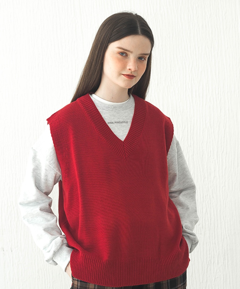 핑크파인애플 BOXY KNIT VEST (레드)_이미지