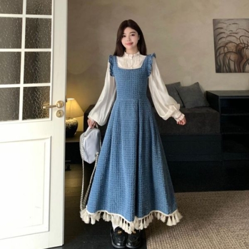 에이치플러스몰 옷은날개 프릴 수술 장식 롱 멜빵 청 원피스 여성 데일리 뷔스티에 점프수트 L26600