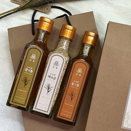 만복 저온압착 국산 참기름 들기름 깨소금 300ml 3병 선물세트
