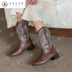  애슬릿 스퀘어 토 라운드 웨스턴 자수 앵클 부츠 32480411