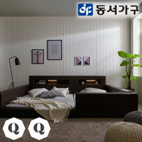 장인가구 슈가 가죽 저상형 보금자리형 LED 패밀리침대 Q+Q (매트별도)_이미지