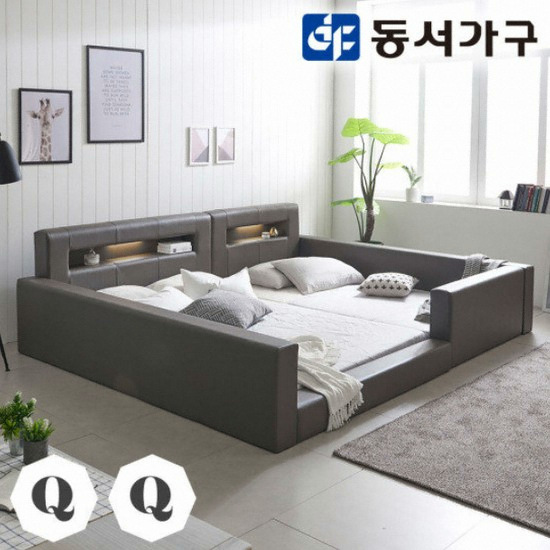 장인가구 슈가 가죽 저상형 보금자리형 LED 패밀리침대 Q+Q (매트별도)_이미지