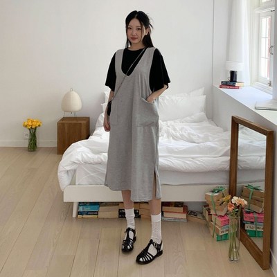 시크블랙 이누르 투포켓 트임 양브이넥 롱 원피스-cpops10298k54 그레이 Gray free_이미지