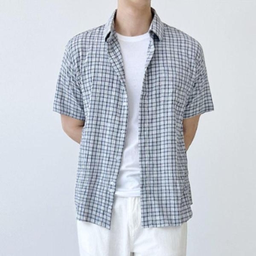 남성 오버핏 체크 반팔 카라 셔츠 1P 여름 패션 남방 WFLQ4PE