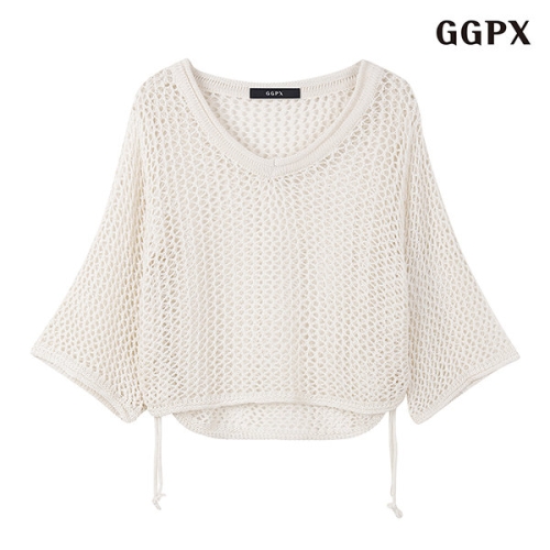  GGPX 그물 셔링 V넥 썸머 데일리 크롭 긴팔 니트 GOBKT026D