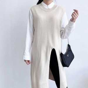 ONM 여자 앞트임 니트조끼 롱원피스 라운드넥 레이어드룩 12855686