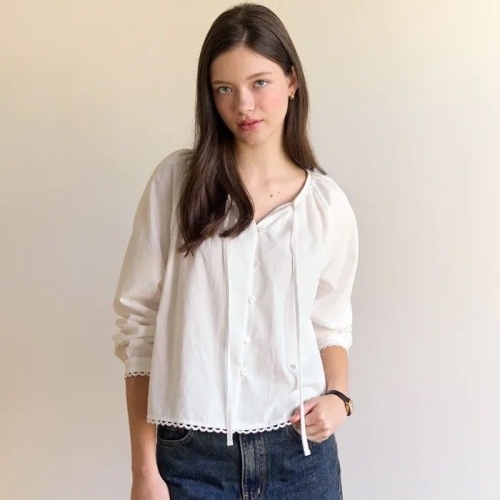 Peached Ribbon Shirring Blouse Ivory H25WT-BL01-IVO 964770