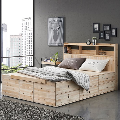 나무뜰 카누 원목 높은 2단서랍 헤드형 수납 침대 Q (매트별도)