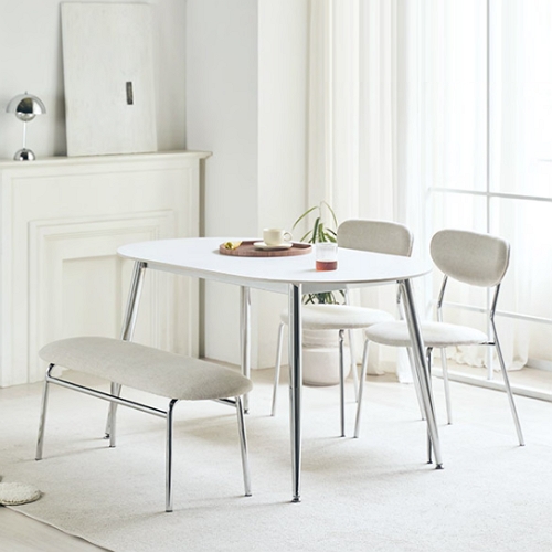 스칸디아 비에타 라운드 크롬 통세라믹 식탁 1400 (의자2개+벤치1개)