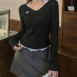 오너클랜 여성 V넥 레이스 긴팔티 블랙 1P 캐주얼 티셔츠 패션 WFLL9IK_260304 582943_WFLL9IK_260304_이미지