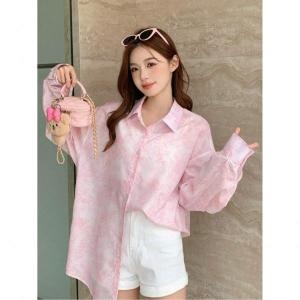 라펠 여성 봄 블라우스 루즈핏 플로럴 패턴 전체 길이 긴팔 셔츠와 컬러 417073_이미지