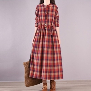 알티피아 여성 체크 롱 원피스 면 타탄 봄 가을 캐주얼 WCC38D8