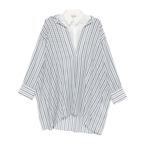 세미꾸띄르 화이트 스트라이프 브이넥 어시메트릭 헴 셔츠 Y6SK62 RG104