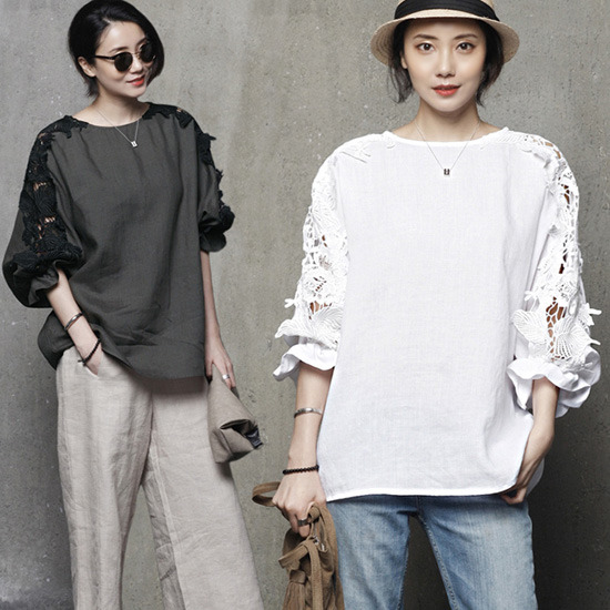 하루메이비 플라워 레이스 셔링 볼륨 슬리브 린넨 블라우스 M83