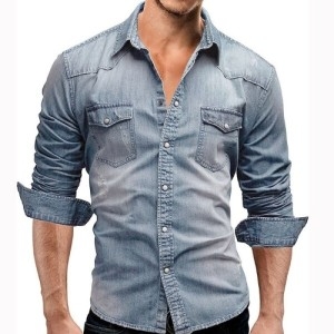오너클랜 스냅 버튼 슬림핏 긴팔 청반팔 남자 남방 데님셔츠 W9D2ED6