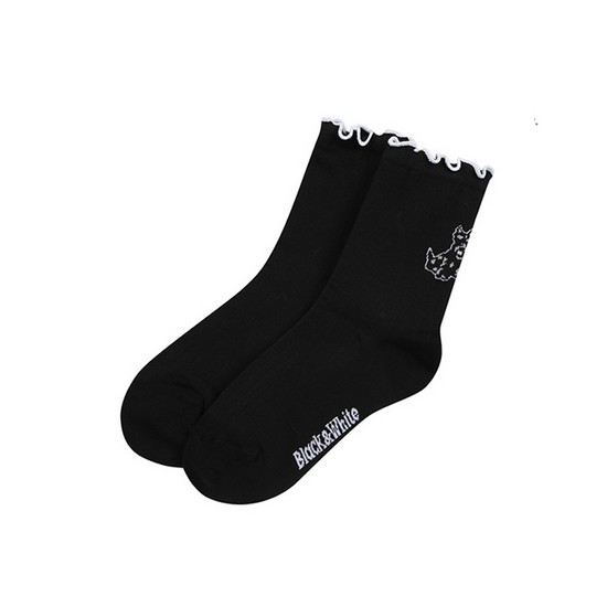 블랙앤화이트 테리어 셔링 중목 양말 8135LZSC_BLACK_이미지