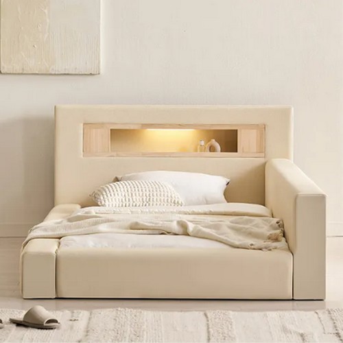 삼익가구 포레티 편백나무 LED 밸런스형 가죽 침대 SS (양모라텍스7존독립)_이미지