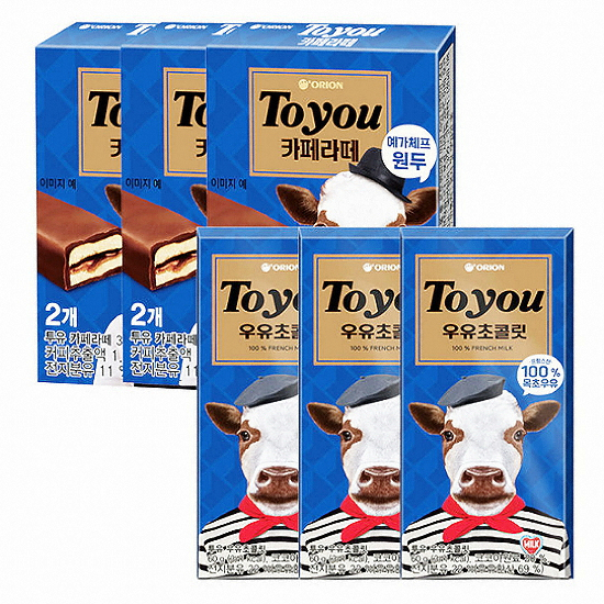 오리온 투유 카페라떼 36g x 3개+우유초콜릿 60g x 3개 (1세트)
