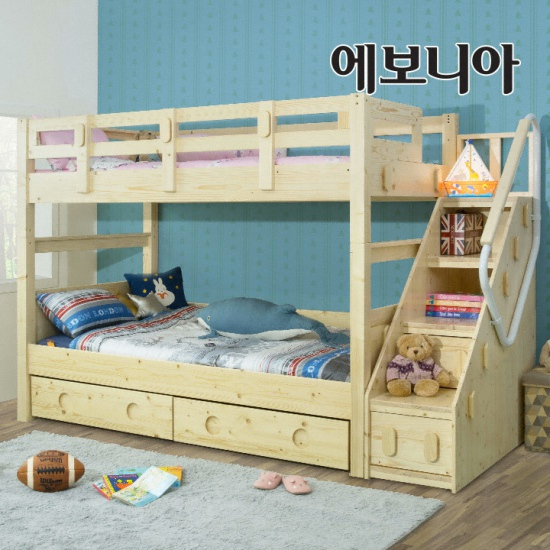  에보니아 하이디 원목 하부서랍 계단형 2층침대 SS [메모리폼]