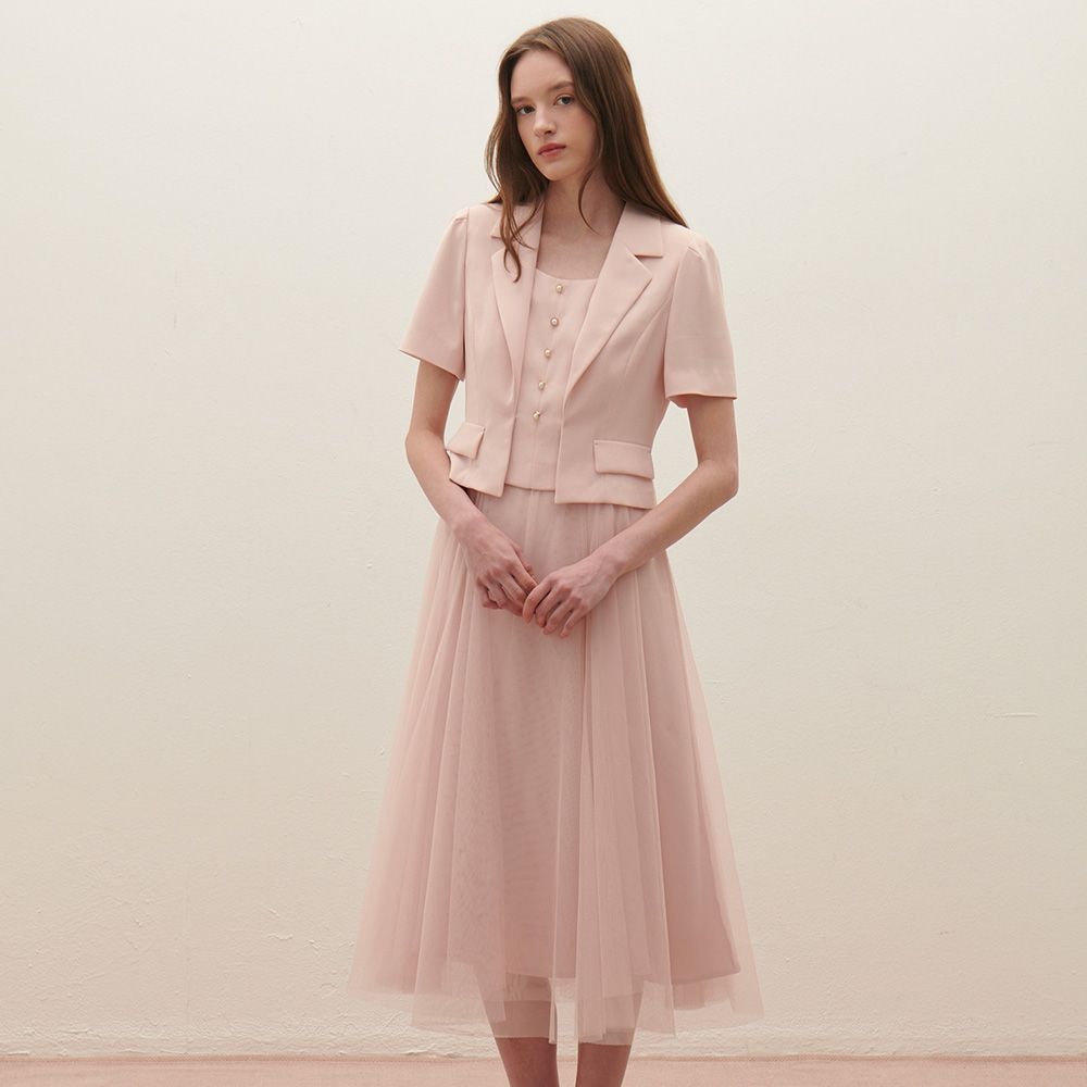 샤틴 메시 스커트 배색 자켓형 원피스 S252M604_이미지