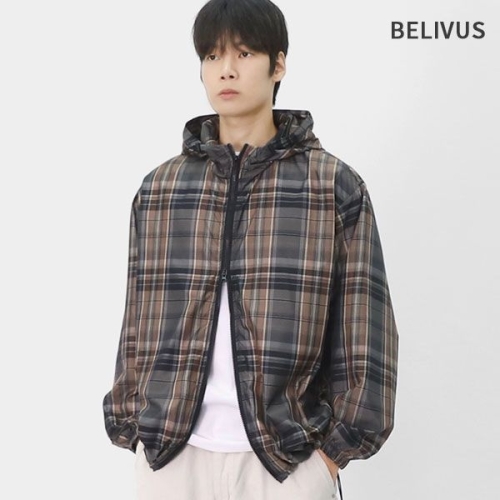 빌리버스 남성 유니크 오버핏 나일론 체크 패턴 윈드브레이커 후드집업 스트링 바람막이 VLC007_이미지