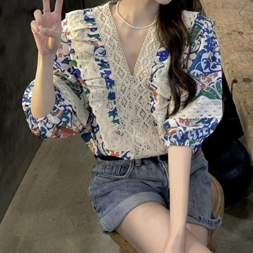 페이퍼먼츠 레이스 라인 인디풍 여름 색감 블라우스 04240 FREE 블루_이미지