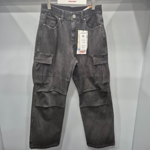 유니 기모 그레이 밴드 카고 파라슈트 루즈 와이드핏 데님팬츠/AP4DTG888US