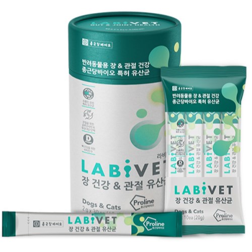 종근당 라비벳 장 건강&관절 유산균 60g (2g x 30p)이미지입니다. 누르면 해당 게시물로 새창이동합니다.