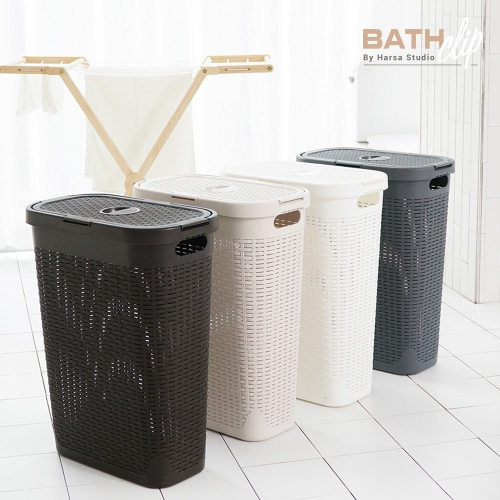 바스클립 라탄 플라스틱 슬림형 빨래바구니 40L 1+1