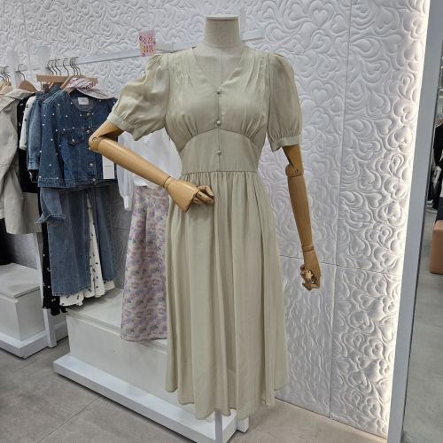 사틴 브이넥 퍼프소매 롱원피스 S232H666