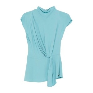 라이트 블루 드레이프 프론트 타이 디테일 반팔 블라우스 A3W11017 1XS