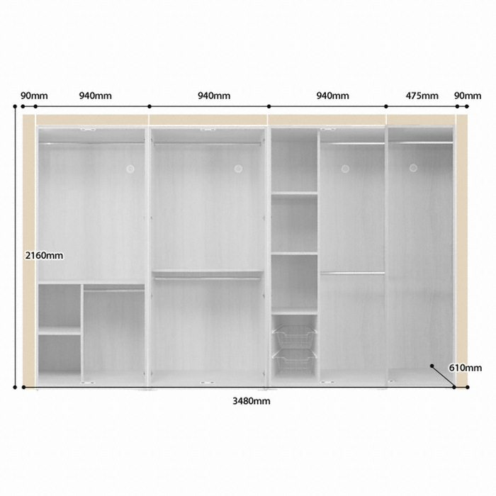 장인가구 아이브 로맨티 오크 갤러리 옷장세트 선반형 (348cm)_이미지