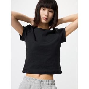 유니클로 여성 반팔 심플 스포티 기본 티셔츠 타이트핏 베이직 미니 T 블랙 474410_이미지