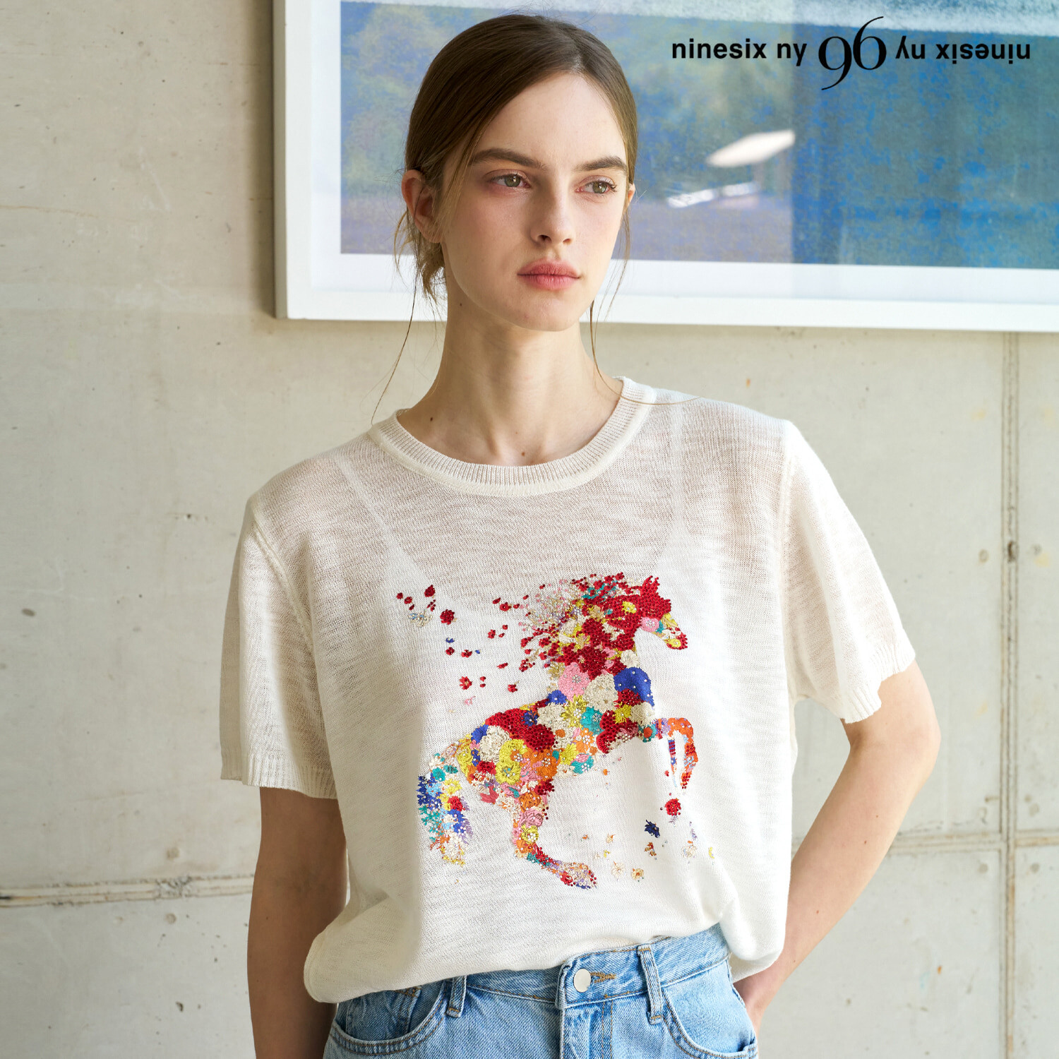 96NY 홀스 프린팅 포인트 반팔 니트 NQ2KT043L0