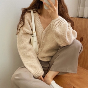 오엠티 여성 데일리 벌룬소매 루즈핏 브이넥 숏 볼레로 카디건_OFSWCDG6_이미지