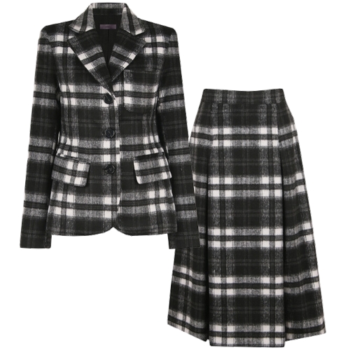 비비드 시크릿가너 체크무늬 겨울 정장 울자켓+울 롱스커트 세트_이미지