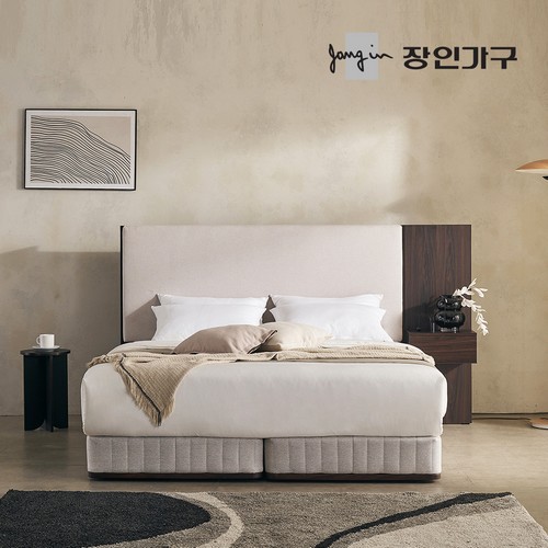 장인가구 까르뎅차콜 패브릭 호텔 투매트리스 LED침대 Q+400협탁 (매트별도)