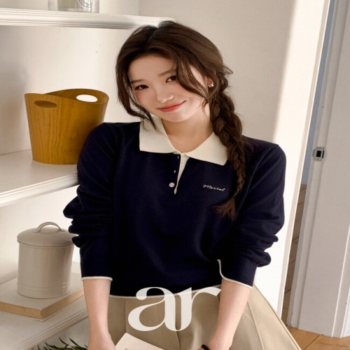 배색포인트/프렌치무드 메리엘 레터링 자수 배색 카라 니트 nt5452